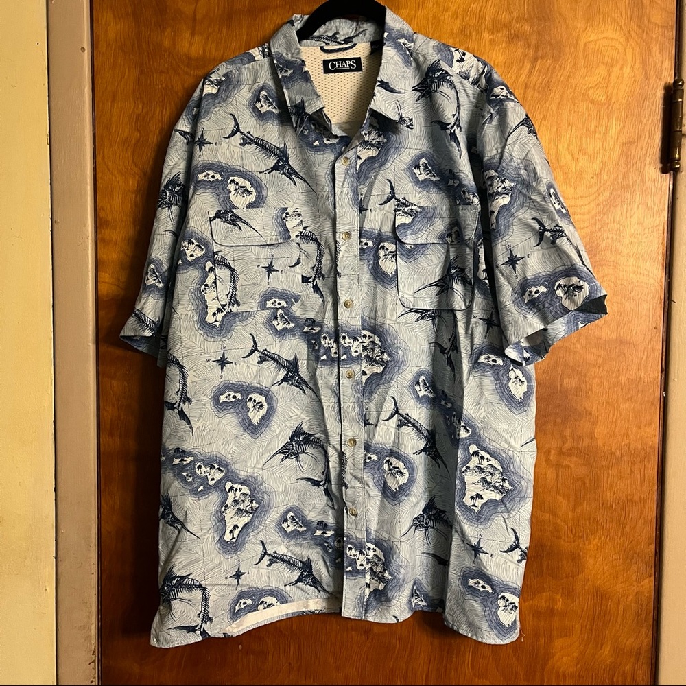Chaps Mens Hawaiian Volcano Fish Shirt XXL Blue Beach Aloha Tiki Fishing